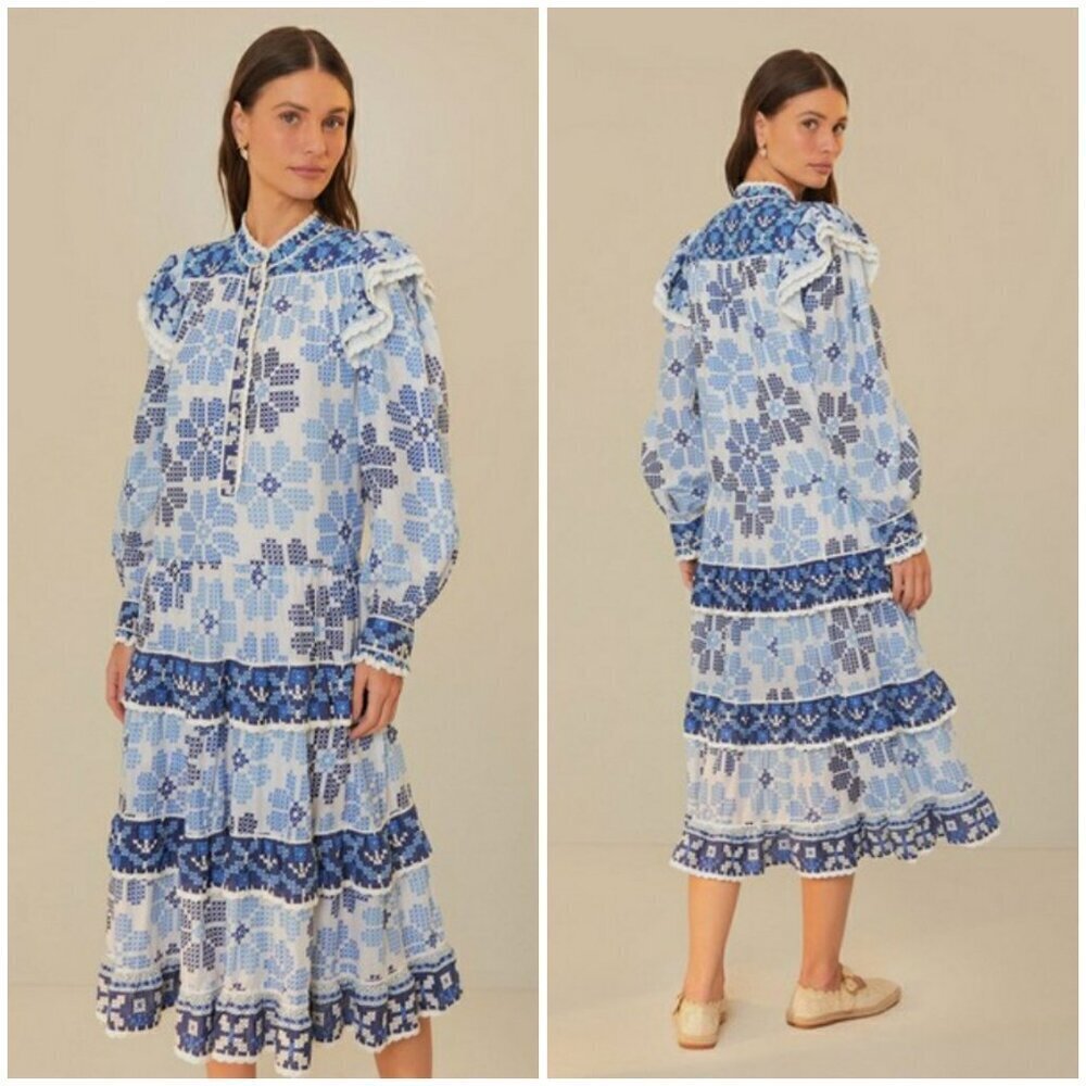 💕FARM RIO💕 Off-White Stitched Flowers And Girls Midi Dress ~ Small S NWT